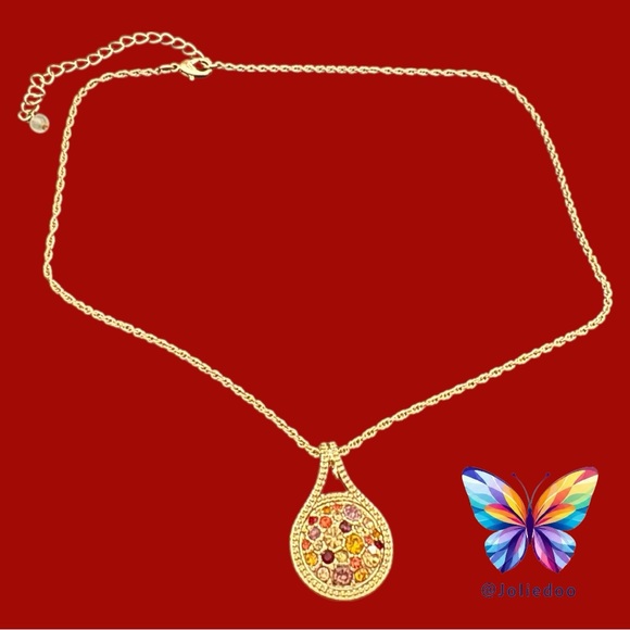 Source Unknown Jewelry - Multicolor Gold-Tone Chain Necklace with colourful rhinestones crystals pendant.